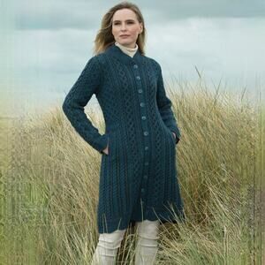 Aran Crafts Women's Leitrim Long Button Sweater Coat in Blue Merino Wool Size M